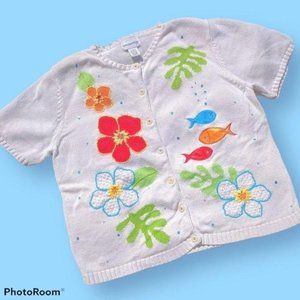 Cotton White Hawaiian Knit Cardigan Fish Flowers